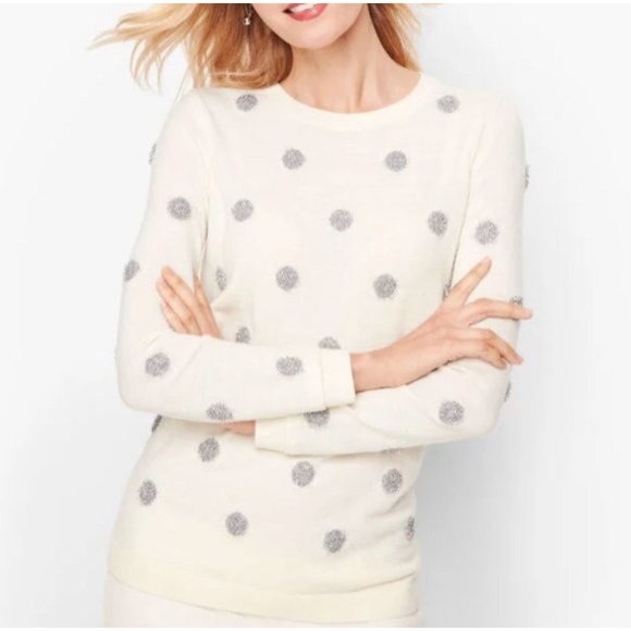 Talbots Cream Sweater XL Metallic Silver Polka Dot Crew Neck Long Sleeve - Picture 1 of 7